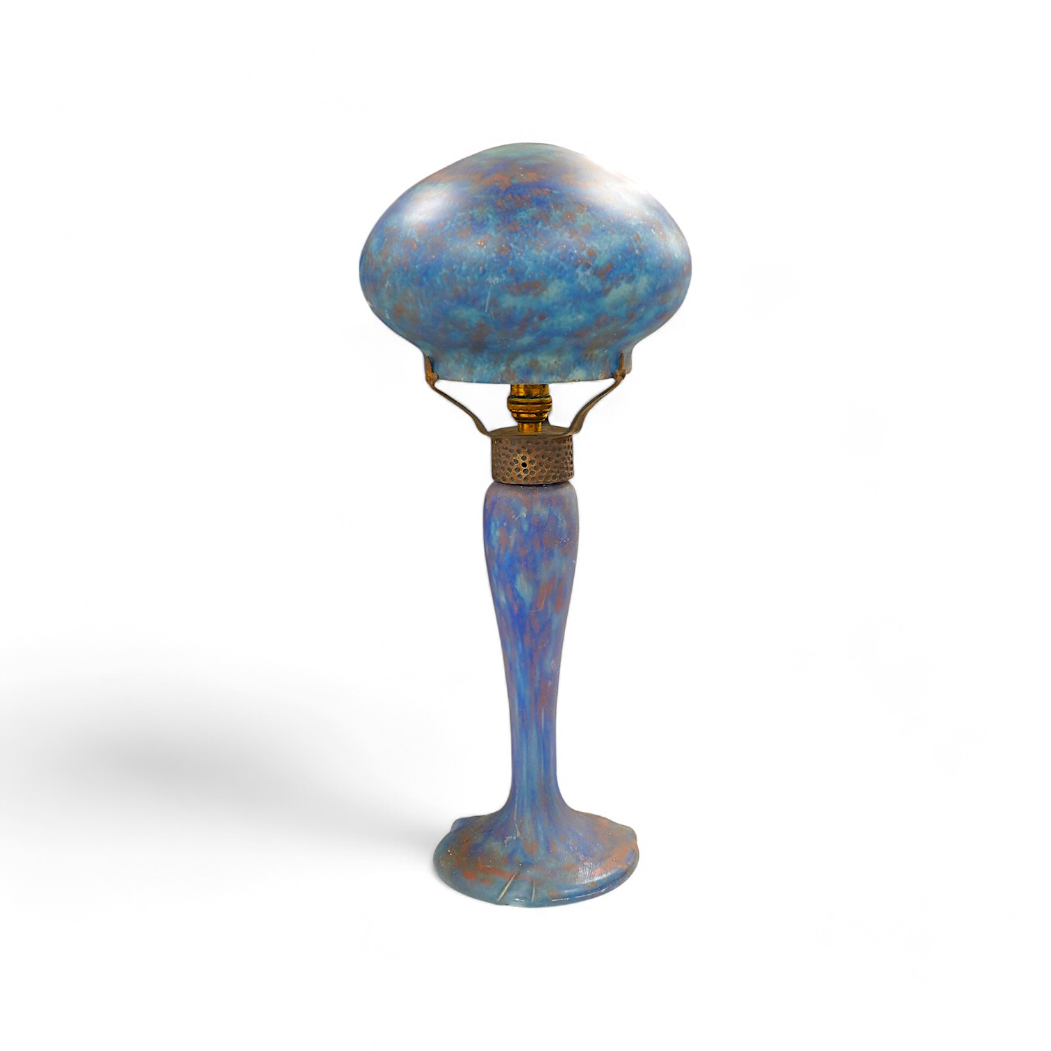 Art Nouveau, ‘Delatte’ mushroom blue glass lamp with hammered metal mount, 45cm high. Condition - good